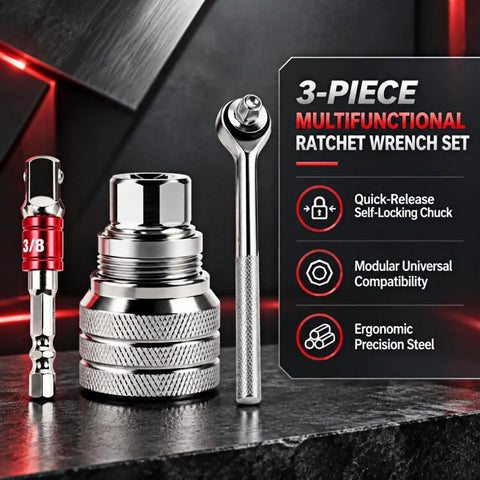 Adjustable Universal Socket Wrench For 38 Inch Drive Ratchet And Torque Adapter Three Piece Set mounted on a dark surface.