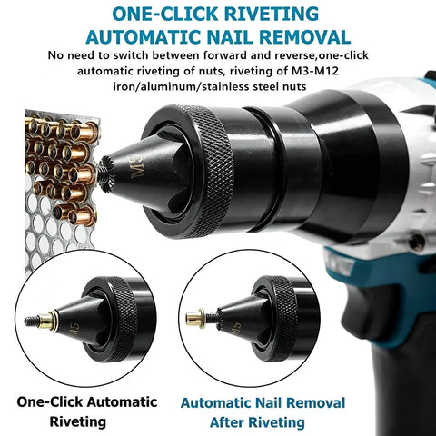 Professional Grade Cordless Electric Rivet Nut Gun For M3 Through M12 Threaded Inserts With Automatic Mandrel Extraction features close-up of automatic nail removal.
