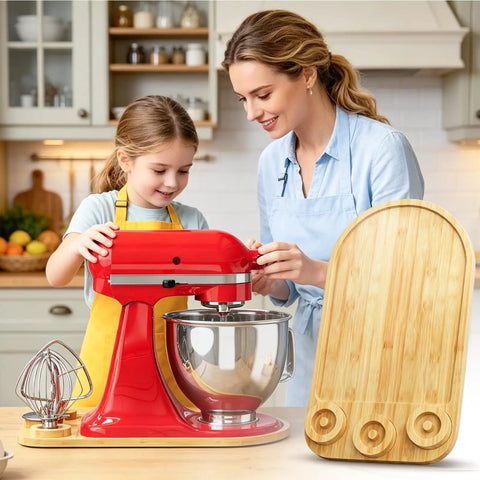 Bamboo 2-in-1 Mixer Slider With Slick Countertop Glide And Has Attachment Holder For Tilt Head Mixers Makes Moving Heavy Gear A Total Breeze While Keeping Whisks Paddles Safe And Within Arm Reach For All Cooking Projects, with smiling mother and daughter.