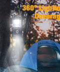 Collapsible Portable LED Camping Lantern 4 Pack, Waterproof Solar USB Rechargeable, hanging on tree near blue tent at sunset