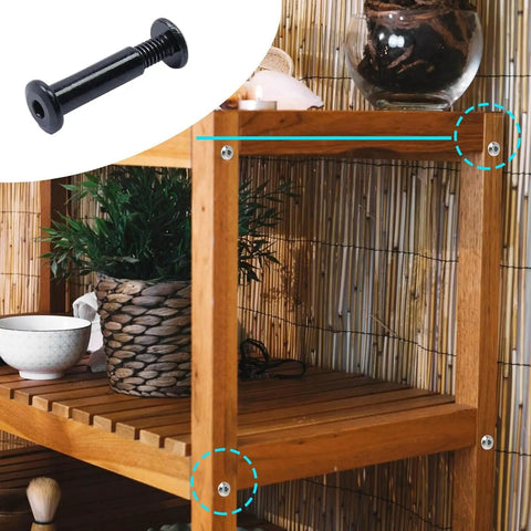 Dead Simple Stainless Steel Hex Drive Binding Post Screw Kit With Barrel Nuts And Allen Wrench For Furniture Assembly And Diy Projects showing a close-up of hex drive screw attached to wooden shelf.