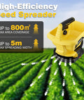 Cordless Seed Spreader For Lawns With Dual 4000mAh Batteries 6 Speed Settings And 8 Planting Options shown in use over field