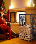 Compact Firewood Rack And Four Tool Set For Fireplace beside cozy family by the fire, decorative indoor wood storage rack