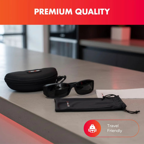 Next Gen Red Light Therapy Glasses Extra Dark Ir5 Lenses shielding case and pouch on a countertop, ideal for travel.