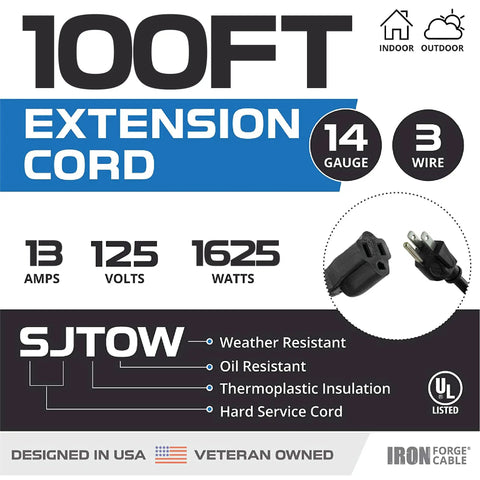 100 Ft Heavy Duty Extension Cord Black 14 Gauge SJTW Outdoor Power Cable with specs for amps, volts, and watts.
