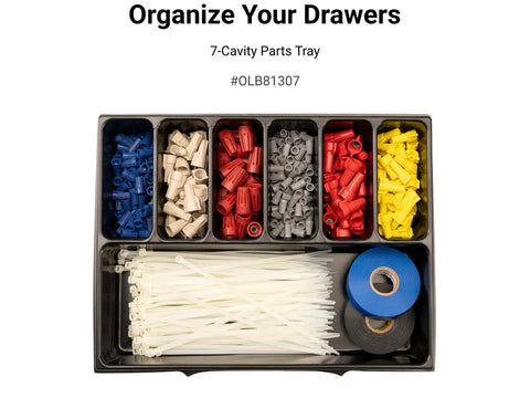 Seven-cavity parts tray with colorful small parts and zip ties, part of Six-Drawer Rolling Stack With Tool Box And L-BOXX 2 Trays.