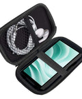 Built Like A Tank EVA Hard Shell Carrying Case For 5.9 Inch Mp3 Players Featuring Rock Solid Crash Padding, open with earphones and device inside.