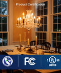LED Candelabra Bulbs 40W Equivalent B11 E12 Small Base Chandelier Bulbs, warm light in dining room with table setting, UL Listed.