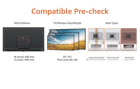 Compatible Pre-check for Built Tough Full Motion TV Wall Mount with VESA patterns, 26-55 inch screen sizes, and wall types.