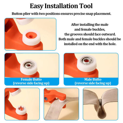 Heavy Duty Copper Snap Button Kit With One Hundred Rustproof Fasteners And QuickPress Plier installation tool detail images.