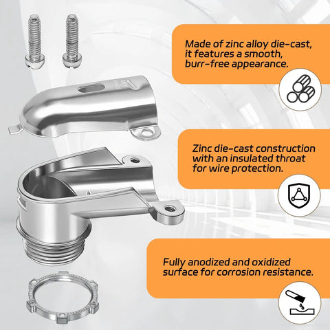 Exploded view of Six Pack Ninety Degree Squeeze Connectors for Three Eighths Inch AC MC FMC Flex Flexible Metal Conduit Elbow Fittings Zinc Die Cast UL Listed emphasized with features and bolts.