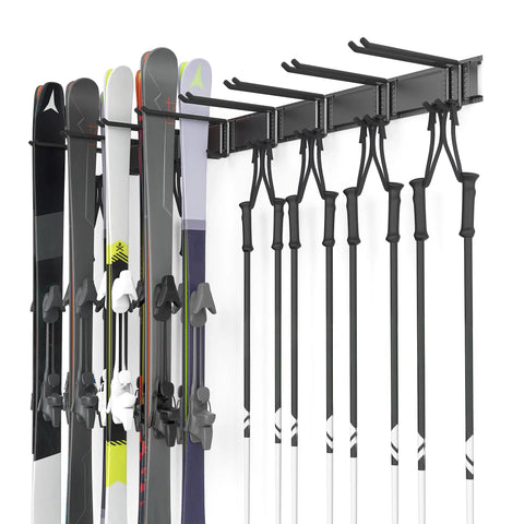 Modern Top Shelf Heavy Duty Wall Mount Ski Rack Solid Garage Game Changer To Securely Hold 16 Pairs Of Long And Short Alpine Skis Plus Snowboards With Hook Clamps showing mounted skis and poles.