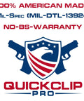 100% American made logo featuring QuickClip Pro with military specifications and warranty information.