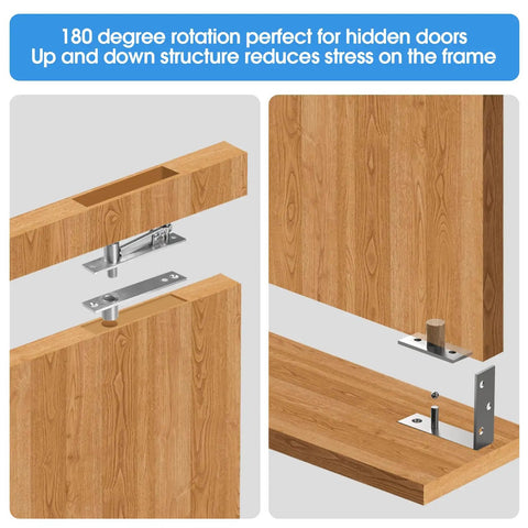 Badass Pivot Hinges For Hidden Doors And Bookcases Heavy Duty Stainless Steel Hardware Rustproof Construction shown with 180-degree rotation mechanism.