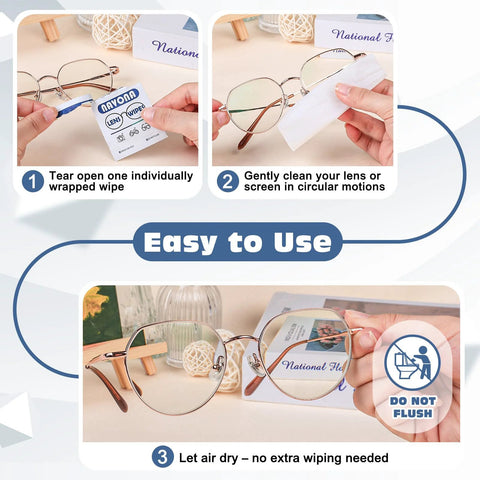 1000-count pre-moistened eyeglass lens wipes in a bulk pack; individually wrapped with step-by-step cleaning instructions shown.