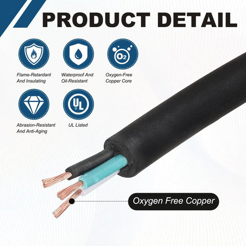 No-Nonsense 25 Ft SJOOW Portable Power Cord, 12 AWG 3-Conductor with Oxygen-Free Copper and protective black insulation.