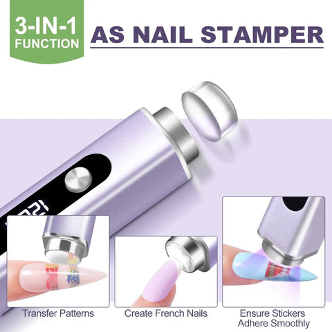 Multi Functional Handheld UV Nail Light With Cat Eye Magnet showing stamping function for gel nails and French tips.