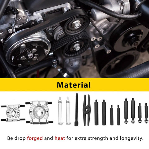 Heavy Duty 5 Ton Bearing Puller Set, 14 Piece Separator Kit With 2 Inch And 3 Inch Bearing Splitters; material and components displayed