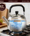 Image of Stainless Steel Whistling Tea Kettle For Gas And Induction Stovetops, 4L capacity, on a stove with boiling water visible.