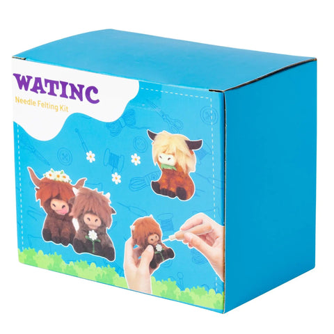 Box of Awesome Three Pack Needle Felting Kit For Beginners showing Highland Cow keychains and needle felting process.