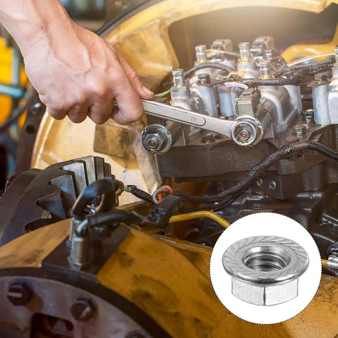 Knockout Quality 304 Stainless Steel Hex Flange Lock Nuts 3/8-16 Thread Non Slip Serrated Base, used in auto repairs.