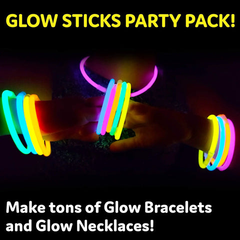 100 Pack 8 Inch Glow Sticks For Parties Lit Water Resistant Neon Light Up Bracelets And Necklaces With Connectors stacked as bracelets.