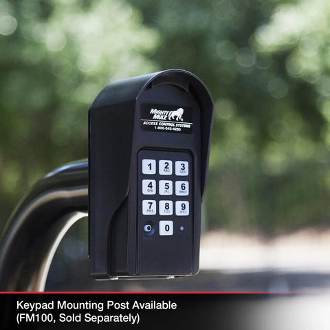 Wireless Weatherproof Gate Keypad FM137 mounted outdoors on post, showing numeric pad and protective cover, black