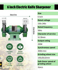 6 inch Electric Knife Sharpener with dual wheels, shielded eye guards; ideal for quick DIY knife sharpening.