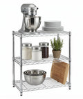 Heavy Duty 3 Tier Adjustable Wire Shelving Unit Slick Chrome Steel Storage Rack For Kitchen Garage Pantry Closet Built Tough To Handle Heavy Loads Up To 250 Lbs Per Shelf Rock Solid Pick 24 By 14 By 30 Inches with kitchen mixer, bowls, and jars.