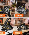 5.5 Inch Mini Circular Saw With Laser Guide And Auxiliary Handle 6.5 Amp Copper Motor cutting through PVC, metal, tile, and wood.