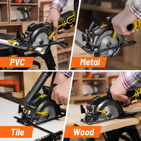 5.5 Inch Mini Circular Saw With Laser Guide And Auxiliary Handle 6.5 Amp Copper Motor cutting through PVC, metal, tile, and wood.