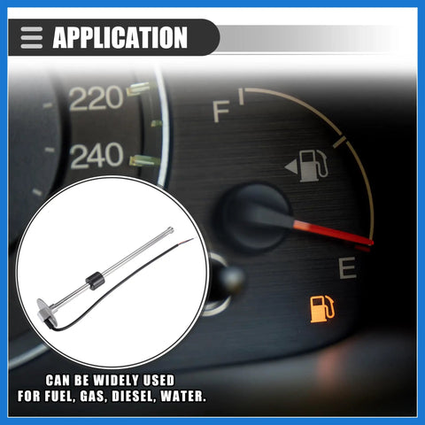Universal Marine Fuel Sending Unit Float Replacement Stainless Steel Gas Diesel Level Sensor displayed beside fuel gauge.