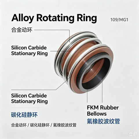 1 Piece Universal 109 Type MG1 Mechanical Seal with Silicon Carbide and Alloy Ring plus FKM Bellows for Axial Movement in Centrifugal Pumps. Close-up of rotating and stationary rings.
