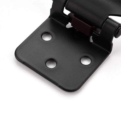 Close-up of Half Inch Overlay Black Face Mount Cabinet Hinge from 50 Pack Set, showing holes and black finish for easy kitchen install.