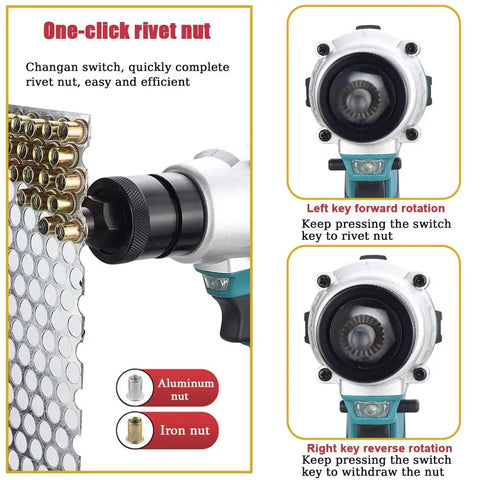 Heavy Duty Cordless Rivet Nut Gun With Lightning Fast Automatic Pulling Action showcasing one-click operation and working with aluminum and iron nuts.