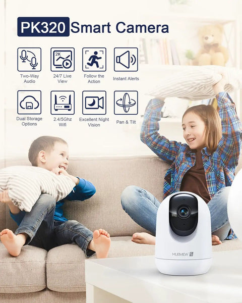 Children playing in a living room next to a 2K Indoor Security Camera With 2.4 And 5GHz WiFi Night Vision And 24 Seven Recording.