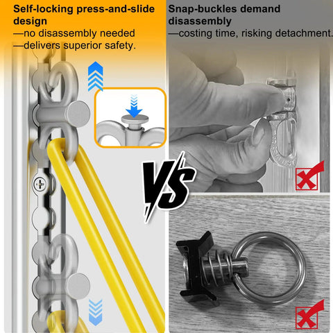 Comparison of Built Different Adjustable Aluminum Resistance Band Wall Anchor with self-locking design vs snap-buckle system.