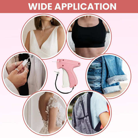 Straight Up The Ultimate Stitch Gun For Clothes Repair And Quick Fix Tagging For Seam Hemming Or Fabric Labeling Comes Loaded With Two Needles One Scissors And Four Thousand White Black Fasteners Seriously Kickass displayed with garments and tagging process.