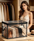 Store Your Stuff Like A Pro With These Sleek Clear Storage Bins Featuring Smooth Zipper Closures And Heavy Duty Reinforced Handles Perfect For Closet Tidying And Bedroom Sorting Made From Thick Transparent PVC To Straight Up Spot Everything Fast - Clear storage bin with blankets and handbag inside.