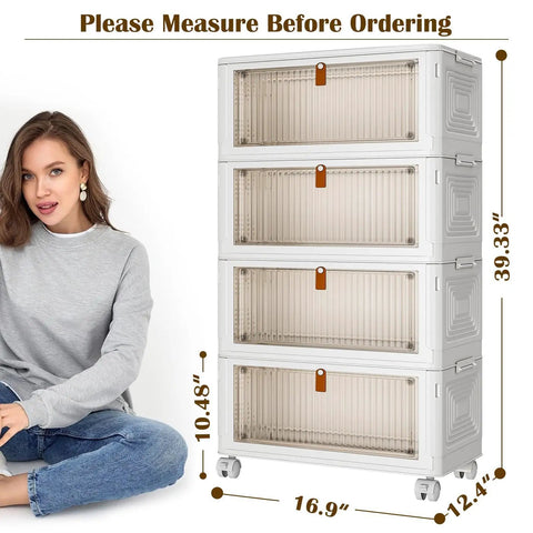 Rock Solid 4 Piece Plastic Storage Bins With Snap Tight Lids And Butter Smooth Wheels 35 Quart Capacity Stackable Foldable Organizer Sets showing four stackable white bins with wheels and measurements.