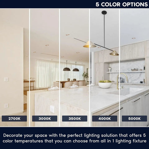 Top Shelf 2 Inch Led Recessed Lights 12 Pack showcasing five color temperature options in modern kitchen setting.