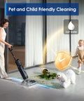 Woman using Floor One S7 Stretch Cordless Steam Mop And Wet Dry Vacuum All-In-One With 320F HyperSteam near a child and dog indoors