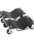 Straight Up Heavy Duty 6000lbs Car Moving Dollies 4 Pack With Secure Locking Brakes And Solid Steel Frame For No Sweat Hauling SUV Rolling And Rock Solid Storage Moves In Matte Black, close-up of dollies with patterned surface and wheels.