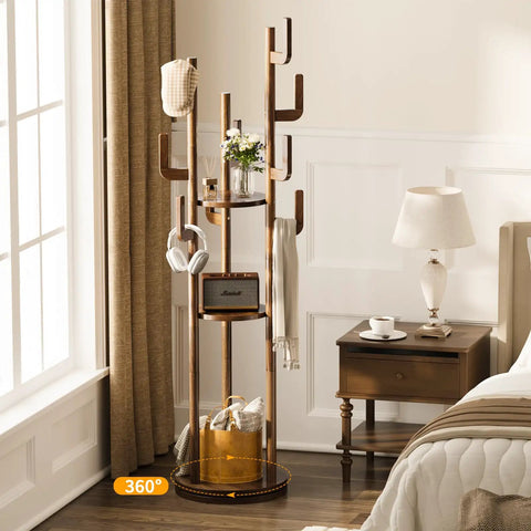 Rotating Coat Rack Freestanding Solid Wood Tree With 9 Hooks And 3 Shelves For Purses Bags Jackets Hats Corner Hanger Stand For Hallway Entryway Office Modern Clothes Holder next to window