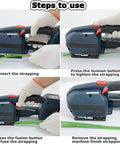 Steps to use the One-Hand Automatic Electric Strap Tool for strapping with green tape and handheld operation.