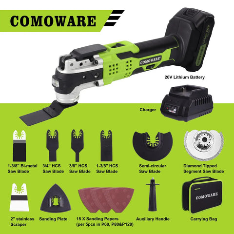 Cordless Oscillating Tool Kit With 20V Battery, Blazing 20,000 OPM, aggressive 4.2 degree oscillation, 27-piece accessory kit.