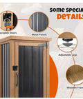 Slim Outdoor Storage Cabinet With Weatherproof Roof Wood And Metal Construction Removable Shelf Lockable Door Two Hinges