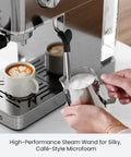 Quick Heat 20 Bar Espresso Machine With Integrated Milk Frother For Silky Lattes And Cappuccinos Boasting Rapid Boiler And Spacious Removable Tank Designed For Reliable Daily Grind Sessions And Consistent Home Barista Pulls Stainless Finish, featuring a steam wand and milk pitcher.