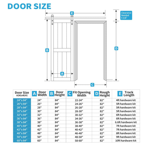 Diagram showing door size measurements for 36 By 84 Inch Solid Pine Sliding Barn Door With Slick Rolling Hardware Kit.