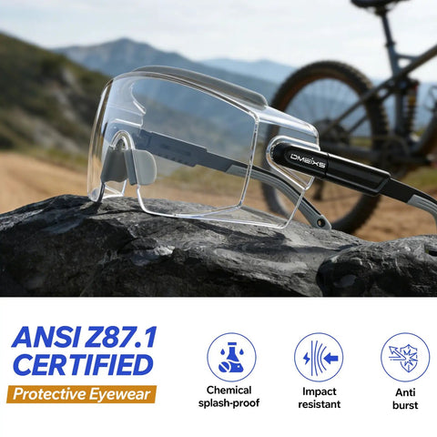 Dual Pack Anti Fog Safety Glasses Built Tough To Slide Snugly Over Your Daily Specs While Delivering Brite Vision And Ansi Z87 Compliance For Hardcore Shop Jobs And Weekend Fixes resting on a rock with a mountain backdrop.